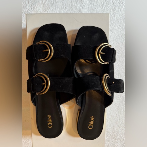 Chloe Black Sandals with Gold Accents